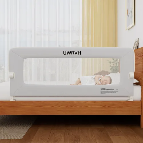 Vista 9 de Riel de cama para niños pequeños, riel plegable de 33 pulgadas, base en forma de T sin taladrar con bloqueo de seguridad, tela 3D suave, protector