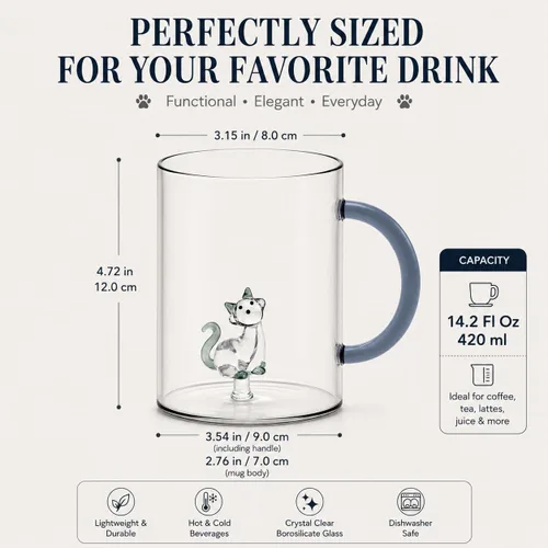 Vista 4 de WD Lifestyle Taza de vidrio de borosilicato de 14.2 onzas líquidas (gato)
