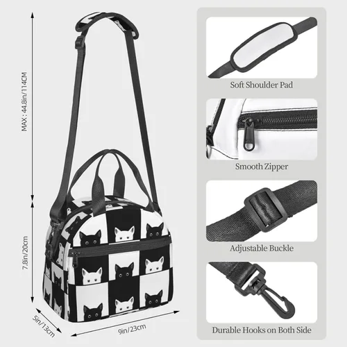Vista 3 de Bolsa de almuerzo para gatos blancos y negros con correa ajustable para el hombro para mujeres y hombres, lonchera reutilizable, a prueba de fugas