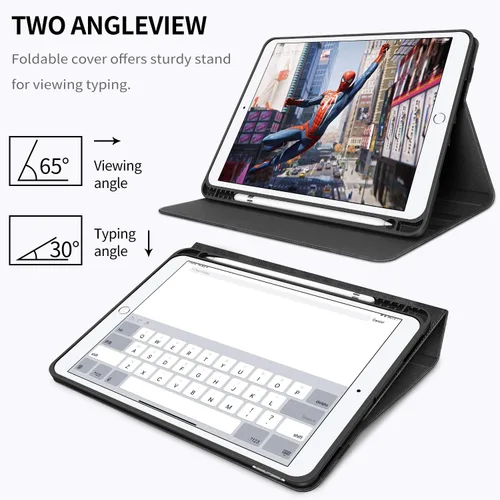 Vista 6 de H HOLIMET Funda para iPad de 9ª generación (2021) iPad de 8ª/7ª generación 2020/2019 con soporte para lápices, soporte multiángulo, piel sintética