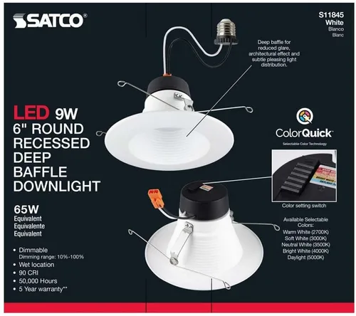 Vista 7 de Satco 9W CCT-Baffle profundo empotrable LED Downlight 4.29 pulgadas de alto y 7.2 pulgadas de ancho