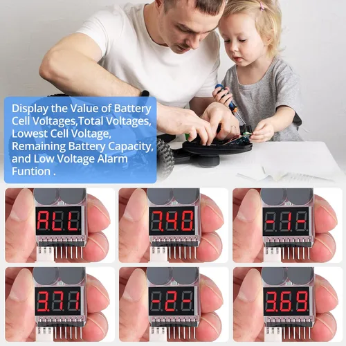 Vista 3 de CAMWAY Probador de voltaje de batería Lipo, 5 unidades, 2 en 1, 1-8s, alarma de zumbador de bajo voltaje, probador de monitor de batería para 1-8s