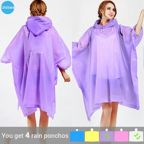 Vista 2 de 4 Pack Rain Ponchos for Adult,Reusable Raincoat Rain Jacket Rainwear Women Girls,Camping,Hiking,Travel Rain Gear