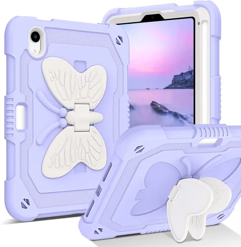 Vista 9 de DUEDUE Funda para iPad mini 7 (A17 Pro) 2024, iPad mini 6 2021, alas de mariposa con soporte para lápiz, funda protectora a prueba de golpes