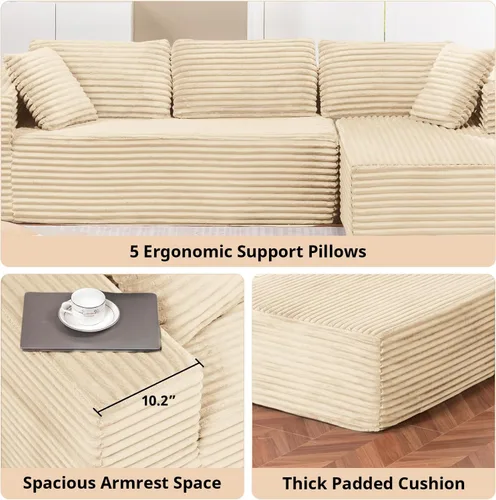Vista 7 de LUCKLIFE - Sofá seccional modular con chaise en forma de L, tapizado en pana, sofás sin huesos para sala de estar, sofá cama extragrande, no Beige