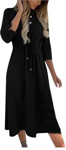 Vista 5 de Twoker Vestidos de mujer de color cuello vuelto botones cintura con cordones media manga vestido casual de primavera para mujer