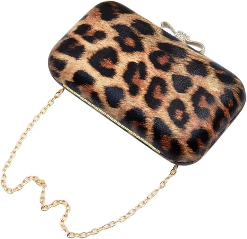 Vista 4 de Elegante leopardo PU cuero Crystal Bow Top duro embrague bolso de noche
