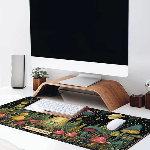 Vista 3 de Alfombrilla de escritorio grande para juegos de alienígena y ovni, alfombrilla de mouse antideslizante de goma colorida con hongos planeta estrella