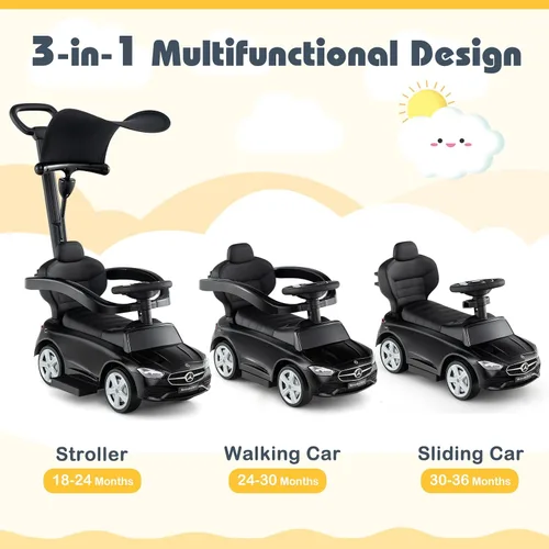 Vista 2 de Costzon Coche de empuje para niños pequeños, 3 en 1 Mercedes Benz Cochecito deslizante caminador con toldo, mango, barra de seguridad, sonido