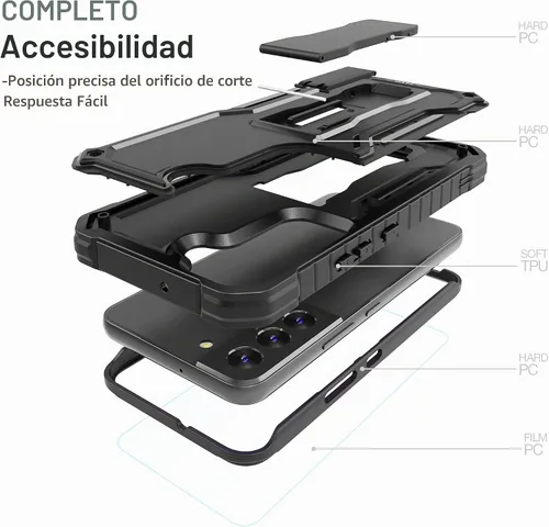 Vista 4 de FITO Funda para Samsung Galaxy S22, doble capa a prueba de golpes resistente para teléfono Samsung S22 5G con protector de pantalla, soporte Negro