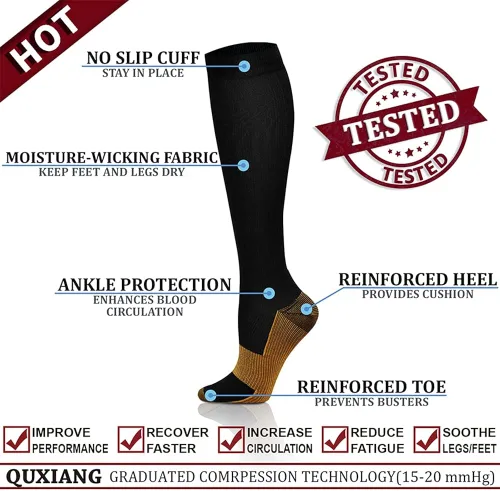Vista 4 de QUXIANG Calcetines de compresión de cobre para mujer y hombre (8 pares) Lo mejor para correr atletismo ciclismo 15-20 mmHg, Cobre