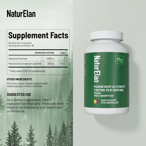Vista 3 de Glicinato de magnesio 2307 mg, 270 cápsulas, suplementos de magnesio puro para aliviar el estrés, dormir, músculo, nervio, corazón y apoyo
