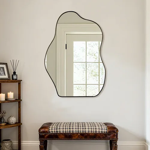 Vista 2 de BOMINICA Espejo de pared irregular, espejo asimétrico para baño, sala de estar, entrada, dormitorio, 20 x 28 pulgadas Negro