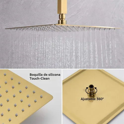 Vista 4 de Iriber Sistema de ducha de lluvia dorado cepillado con cabezal de ducha de 12 pulgadas y baño de mano, juego de ducha dorado que contiene grifo