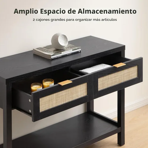Vista 3 de SICOTAS Mesa consola negra con cajones de ratán - Mesa de entrada de ratán boho con almacenamiento, mesas consola pequeñas para entrada, mesa