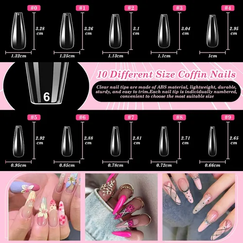 Vista 2 de Kit de uñas postizas acrílicas, kit de uñas postizas a presión con puntas de uñas transparentes de ataúd, soporte de exhibición de uñas, calcomanías