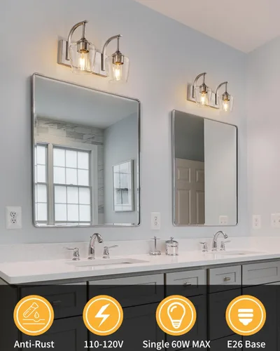 Vista 3 de foucasal Accesorios de Luz de Baño de Níquel Cepillado Luz de Tocador de Baño con Pantalla de Vidrio Transparente, 2 Luces Modernas de Pared