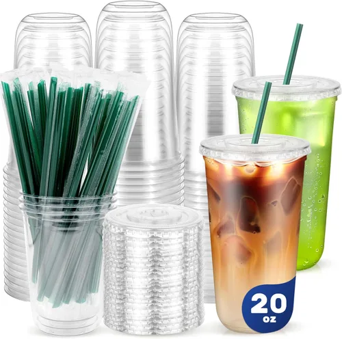 Vista 13 de 50PCS 14 oz Clear Plastic Cups with Lids and Dark Green Straws Transparente