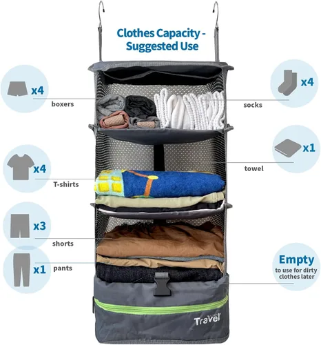 Vista 3 de Grand Fusion Stow-N-Go Organizador de equipaje de viaje Estantes de viaje colgantes portátiles, organizador de armario de mano, cubos de embalaje
