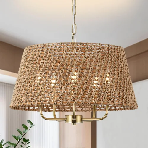 Vista 8 de Lámpara de araña de ratán bohemio de 20 pulgadas para comedor, 5 luces tejidas a mano de ratán natural con cadena ajustable, enchufes E12
