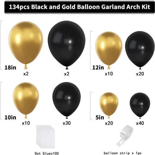 Vista 2 de Kit de arco de guirnalda de globos de color dorado y negro, 134 globos metálicos dorados y negros con diferentes tamaños para graduación