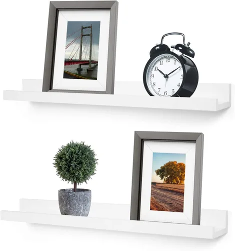 Vista 2 de Greenco Estante para fotos, juego de 2 estantes flotantes montados en la pared para dormitorio, sala de estar, cocina, baño, exhibición de Nogal