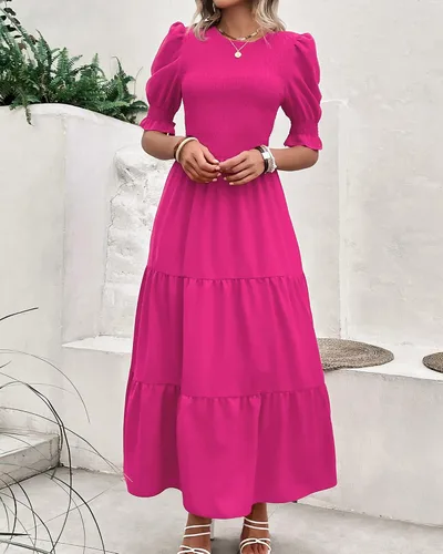 Vista 153 de BTFBM Vestidos para mujer, cuello redondo, casual, de verano, con volantes, manga corta, bohemio, con niveles, fruncido, largo, con estampado floral