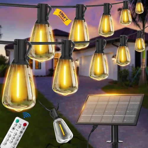 Vista 11 de BLIATLUS Guirnalda de luces solares superbrillantes de 100 pies para exteriores, impermeable, con control remoto, 30+2 bombillas LED ST38