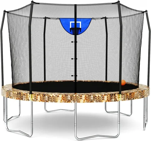 Vista 11 de Skywalker Trampolines Cama elástica al aire libre de 8 pies, 12 pies, 15 pies Jump N’ Dunk redonda con red, colchón de trampoline y aro de Azul