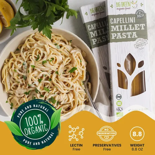 Vista 5 de Big Green Organic Food - Capellini de mijo orgánico, sin gluten, sin lectina, sin OMG, vegano, alternativa de trigo y arroz, 8.8 oz (1)