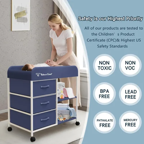 Vista 2 de Mesa cambiadora para bebé, mesa cambiadora portátil, estación de cambio de pañales con almohadilla impermeable, cómoda cambiadora con 3 cestas