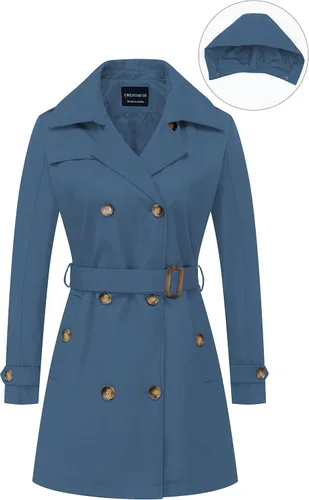 Vista 7 de CREATMO US - Gabardina clásica con solapa de doble botonadura para mujer, sobretodo ceñido con cinturón y capucha desmontable