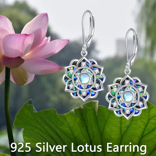 Vista 6 de Aretes de plata de ley con piedra lunar de loto con concha de abulón, flor de loto, aretes colgantes para yoga, joyería para el día de la madre