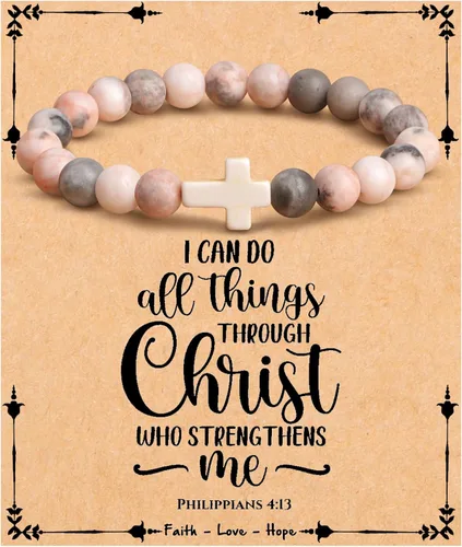 Vista 24 de JoycuFF Regalos Cristianos, Pulseras de Cruz para Mujeres, Joyería Cristiana Católica Religiosa de Fe de Pascua, Pulseras de Piedra Natural