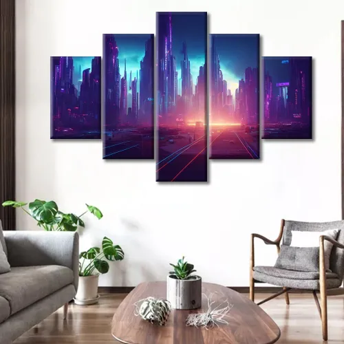 Vista 118 de Cuadros de 5 paneles de Cyberpunk City, arte de pared, representación de vallas publicitarias, edificios modernos en la capital con obras de arte
