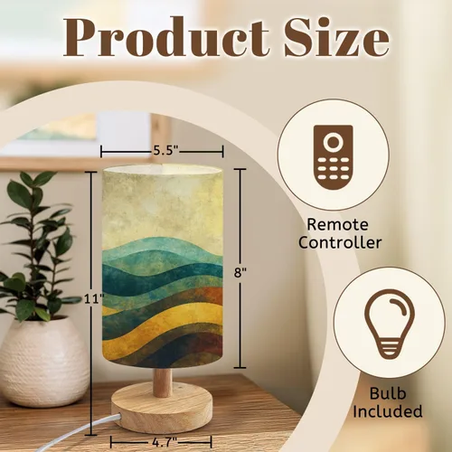 Vista 2 de Bedside Table Lamp Creative Minimalist Hand Illustrations Mid Century Modern Abstract Sun Dimmable Desk Lamp with Flaxen Fabric Shade Wood Base
