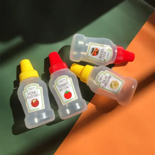 Vista 7 de 8 mini botellas exprimibles de condimentos de 0.8 fl oz de miel, salsa de tomate, salsa, aderezo de ensalada, recipientes exprimibles de plástico