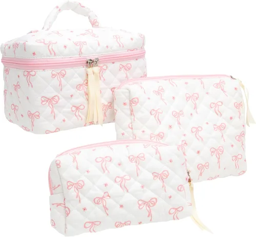 Vista 8 de PAZIMIIK - Bolsa de maquillaje de algodón para mujer, grande, acolchada para viaje, Rosa (Bow Pink), Vintage