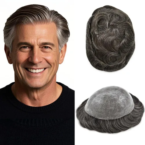 Vista 371 de Toupee para hombre 100% cabello humano real tupé para hombres 0.004 in piel de poliuretano para hombre, sistema de reemplazo de piezas de pelo