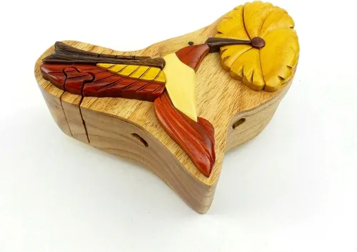 Vista 3 de Hummingbird & Flower - Caja de rompecabezas de Intarsia de madera natural, hecha a mano con compartimento secreto