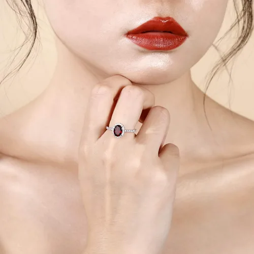 Vista 2 de Anillo de compromiso de plata de ley 925 con halo de piedras preciosas ovaladas para mujer talla 5 a 10