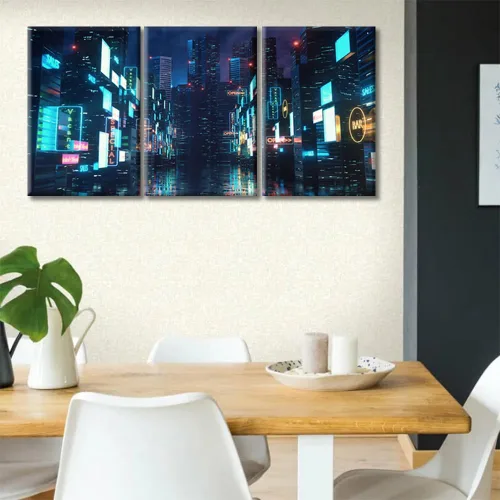 Vista 3 de Cuadros de 3 paneles de Cyberpunk City - Arte de pared de vallas publicitarias de edificios modernos en la capital con obras de arte modernas