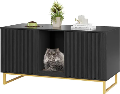 Vista 9 de Caja de arena para gatos para 2 gatos, caja de arena de 47.6 pulgadas, muebles ocultos con almohadilla para rascar, armario grande para habitación