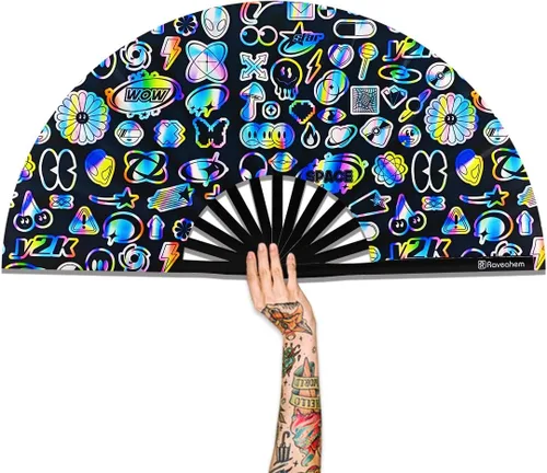Vista 16 de Abanico Plegable Grande, Abanico Rave Clack de 13 Pulgadas, Abanico de Mano para Mujeres y Hombres con Tela de Satén Premium, Marco de Bambú Grueso