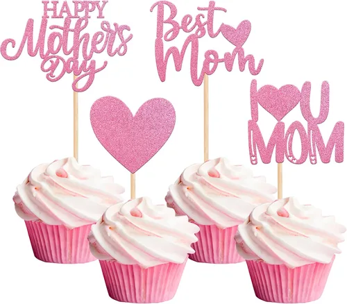 Vista 20 de Rsstarxi 1 paquete de decoración para pastel con flores de purpurina con doble corazón Love Mom Best Mom Best Mom Cake Pick Decoraciones para feliz