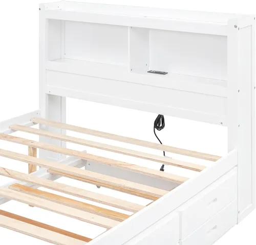 Vista 8 de VilroCaz Cama de plataforma multifunción de tamaño matrimonial con nido y cajones, plataforma de madera con cabecera de almacenamiento y enchufes