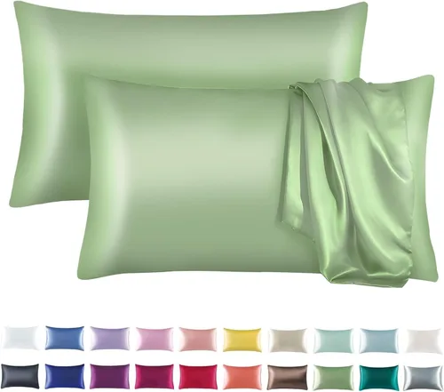 Vista 21 de Tyfitb Juego de 2 fundas de almohada de satén para cabello y piel, color azul bebé, fundas de almohada de enfriamiento tamaño estándar