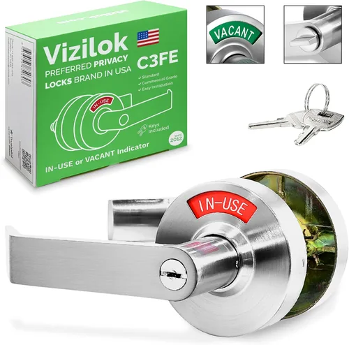Vista 12 de VIZILOK Cerradura de puerta comercial para privacidad del baño, seguridad, indicador de ocupación vacante estándar en cromo satinado, grado ANSi 2