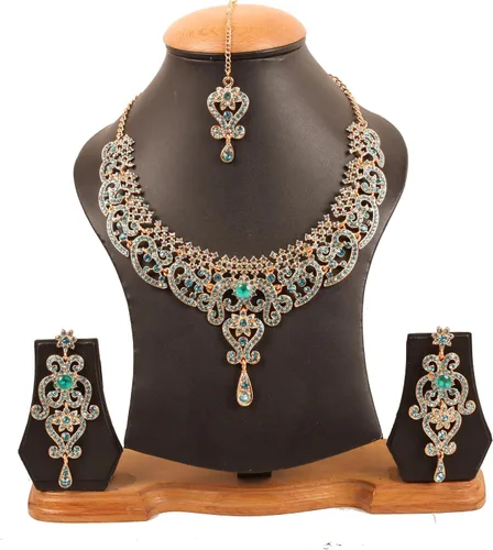 Vista 199 de Conjunto precioso de collar con look real Indian Bollywood, maravillosamente decorado, conjunto de collar adornado para mujer.