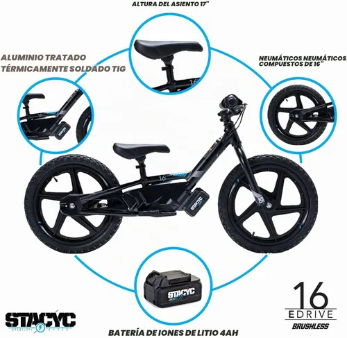 Vista 3 de STACYC Bicicleta de equilibrio eléctrica sin escobillas 16eDRIVE para niños de 5 a 7 años de edad